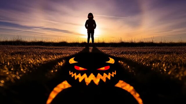 Silhouette of a person standing on a road with a monster shadow at sunset.