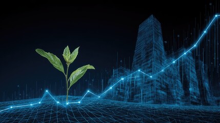 Vibrant green sapling emerges from a glowing digital landscape featuring rising economic indicators and futuristic structures