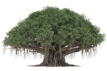 Large ancient banyan tree with dense green foliage and hanging aerial roots isolated on a transparent background