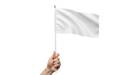 Person holding blank white flag waving in wind isolated on transparent background