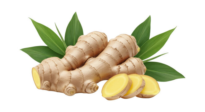 Fresh ginger root with green leaves and sliced ginger isolated on transparent background - Powered by Adobe