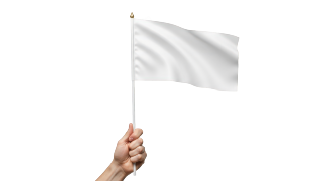 Person holding blank white flag waving in wind isolated on transparent background