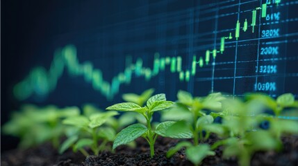 Young green seedlings emerge from dark soil against a backdrop of a digital financial growth chart
