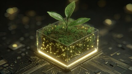 Miniature ecosystem of vibrant green life thrives atop advanced electronic circuitry