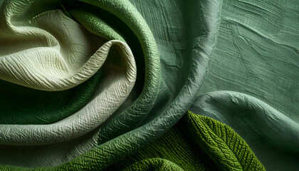 Textured green fabric folds with smooth and wrinkled surfaces