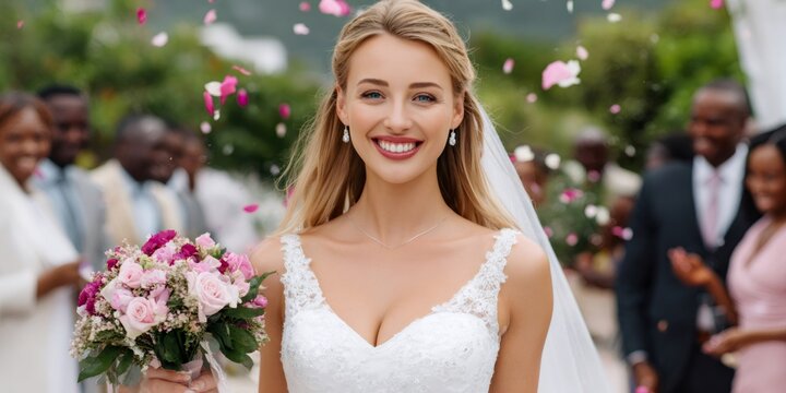 Bride smiling holding bouquet at wedding ceremony