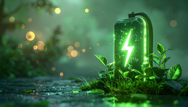 Green lightning symbol on power bank surrounded by plants