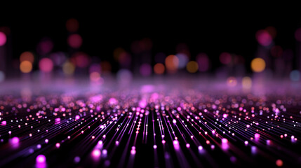 Abstract futuristic technology background with violet neon lines on a black surface, forming a glowing microcircuit grid with bokeh and shadow effects, ideal for tech and digital designs.