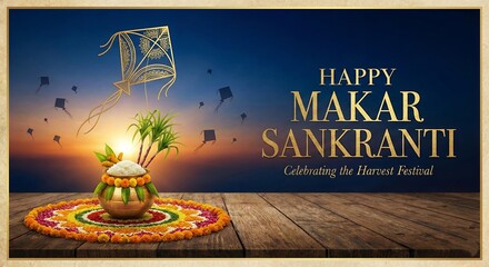 Happy Makar Sankranti 2026, minimalistic poster/banner for Sankranti theme wishes