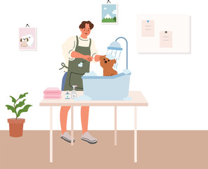 Flat Vector Illustration of Dog Grooming with Soap and Tub