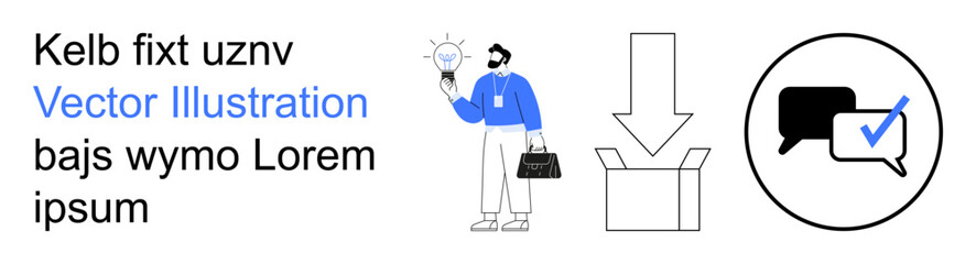 Creativity, teamwork, communication, innovation, business strategies, idea generation. A man holds a lightbulb, a box with an arrow and a chat icon with a checkmark. Creativity and teamwork concept