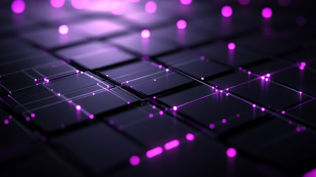 Abstract futuristic technology background with violet neon lines on a black surface, forming a glowing microcircuit grid with bokeh and shadow effects, ideal for tech and digital designs.
