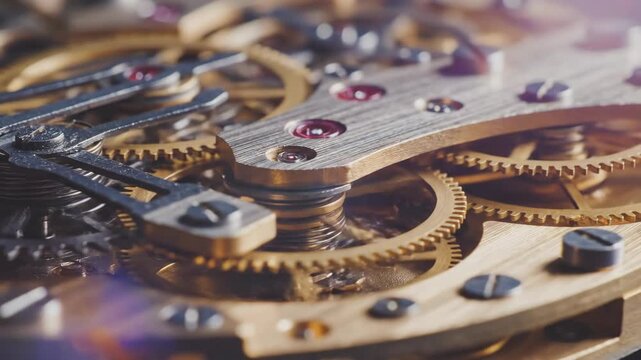 Intricate golden clockwork mechanisms interlocking and moving with precision in a detailed macro view