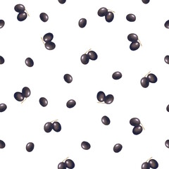Seamless pattern Illustration with hand-drawn black olives scattered on a white background.