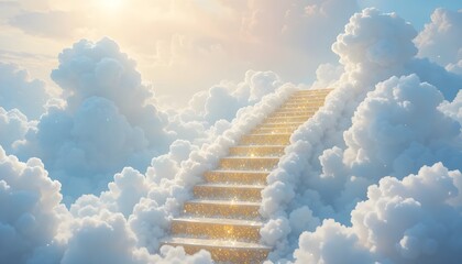 Dreamy sparkling Golden Stairway to Heaven in Blue white Pastel Clouds and pink sky Kawaii Fantasy Background - blissful and ethereal