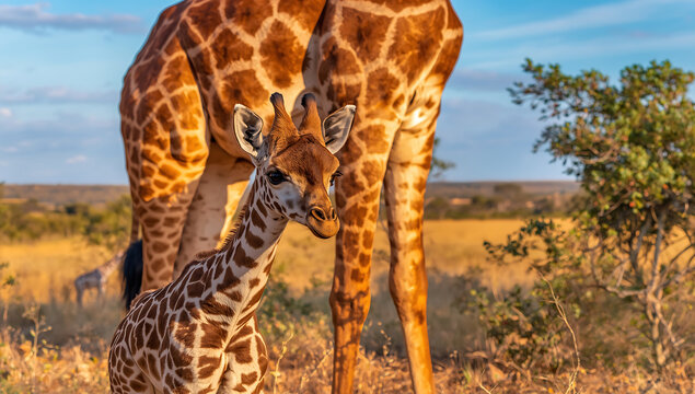 baby giraffe standing in natural habitat with large brown eyes and soft spotted fur under warm sunlight capturing wildlife beauty and gentle animal behavior in african landscape