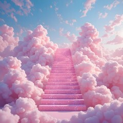 Dreamy sparkling Pink Stairway to Heaven in Pink Pastel Clouds Kawaii Fantasy Background - blissful and ethereal