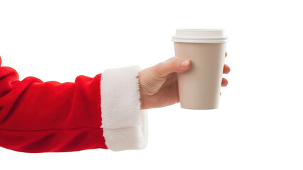 Santa claus holding a coffee cup with red suit sleeve on black background in studio shot on transparent background