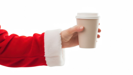 Santa claus holding a coffee cup with red suit sleeve on black background in studio shot on transparent background