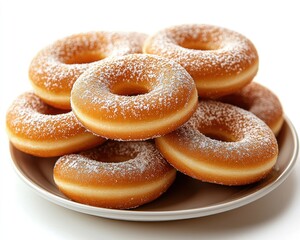 Sugared donuts stacked on a plate, light brown donuts, powdered sugar dusted