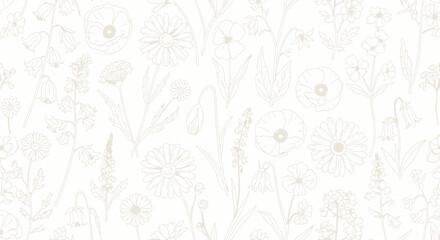 Delicate hand-drawn floral pattern with intricate botanical illustrations in soft pastel shades