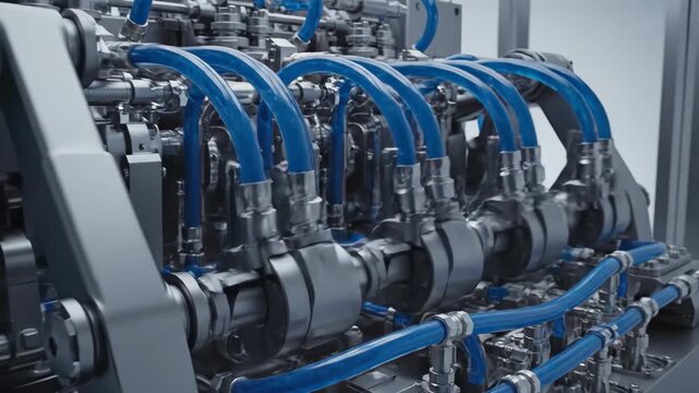 Intricate hydraulic system with blue tubing and metal components operating with fluid grace