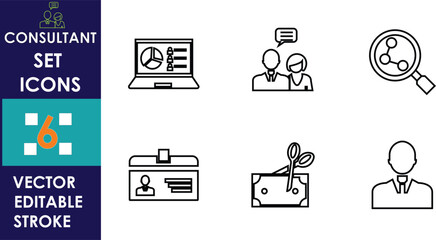 Clean consultant icon set featuring analytics, discussion, research, identification, problem-solving, and professional profile symbols, all designed in a simple outline style with editable vector stro