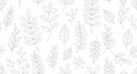 Delicate Line Art of Various Botanical Leaves and Branches in Monochrome Style for Elegant Design