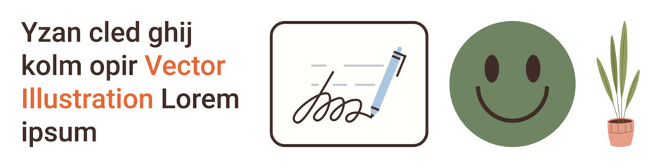 Office branding, digital communication, identity, education, design guides, creative content. Pen signing a document, happy face potted plant random text. Office branding and digital communication