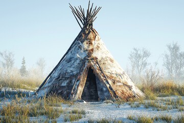 Teepee in frosted grass field under misty sky, sticks at top, triangle opening