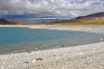 Turquoise Lake and Barren Peaks, Remote Tibet Himalayan Landscape