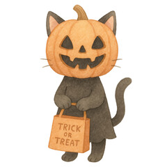 Adorable Cat Wearing Pumpkin Costume with Trick or Treat Bag