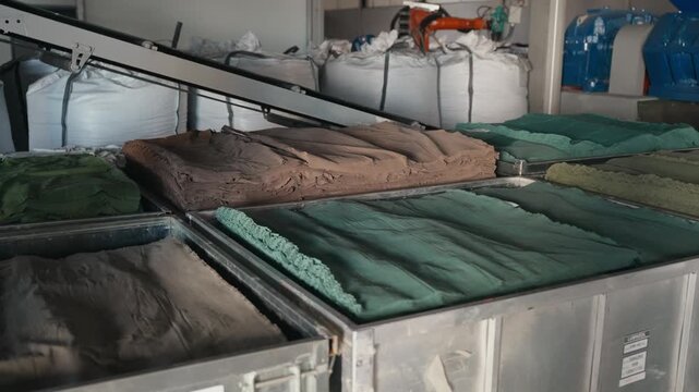varied rubber sheets resting in metal bins inside recycling plant