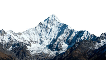 Snow-capped mountain peak with rugged terrain and glaciers under clear sky