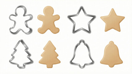 Christmas Cookie Cutters and Raw Gingerbread Dough Shapes Set. Metal Molds and Unbaked Biscuits Isolated on White Background