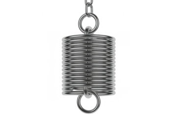 Metal coil spring with chain and rings hanging against black background isolated on a transparent background
