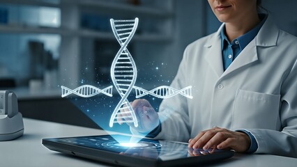 Scientist Interacting with Holographic DNA Strand in Modern Laboratory.