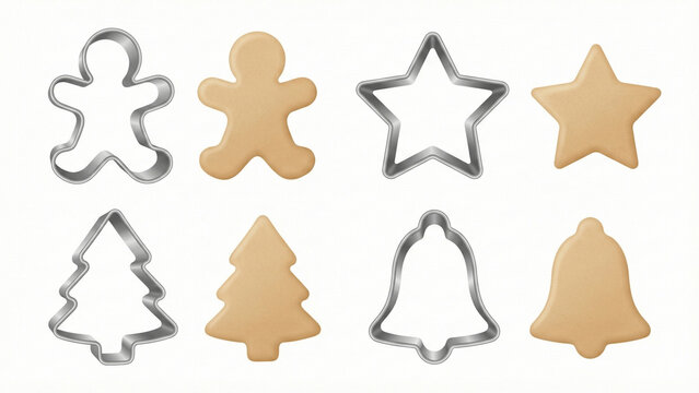 Christmas Cookie Cutters and Raw Gingerbread Dough Shapes Set. Metal Molds and Unbaked Biscuits Isolated on White Background