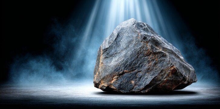 A bright light shines on an abstract rock formation in a dark and misty setting