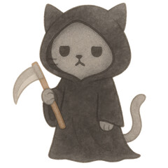 Cute Cat Dressed as Grim Reaper with Scythe Cartoon Illustration