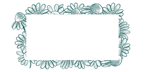 Rectangular frame with space for text and daisy flowers. Vector frame in line art style. Botanical drawing of wildflowers. Executed in a popular dark turquoise shade. Nature engraving.