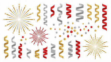 Party decoration vector set. Gold, silver and red confetti, streamers and fireworks isolated on white background. Festive celebration elements.