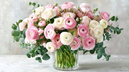 Obraz premium Delicate bouquet of pink and white ranunculus flowers arranged in a glass vase.