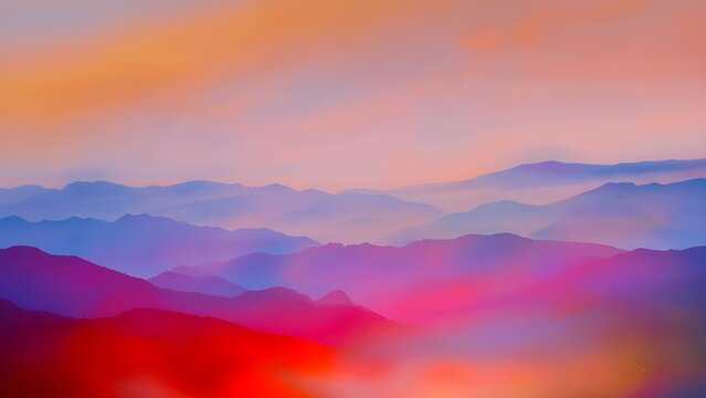 Abstract landscape painting with vibrant colors and layered mountains