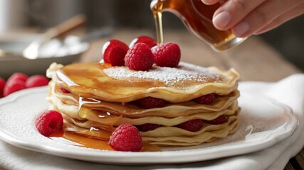 A hand pours maple syrup over a stack of fresh pancakes with raspberries. Delicious homemade breakfast dessert. Close-up food videography