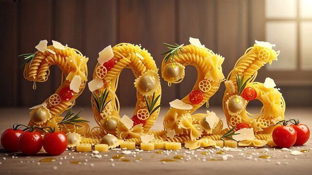 Innovative pasta sculpture spelling out the year 2026, adorned with fresh produce, a delightful and artful culinary presentation