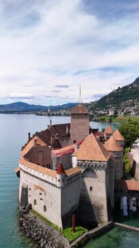 Chillon Castle medieval fortress located on the banks of Lake Geneva in Switzerland