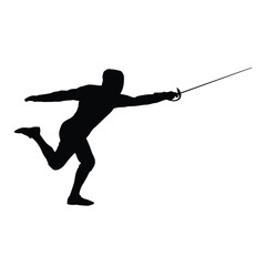 Fencer Silhouette Executing a Dynamic Attack Lunge with a Sword. Concept of Action, Precision Sport, Speed, and Aggressive Move.