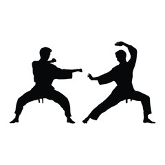 Two Martial Arts Silhouettes Performing Kata or Kumite Stances. Concept of Karate, Self-Defense, Discipline, and Combat Training.