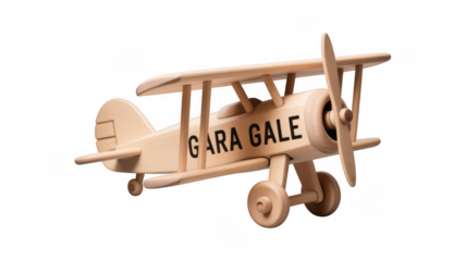 Natural wood biplane toy with black lettering on fuselage isolated on a transparent background